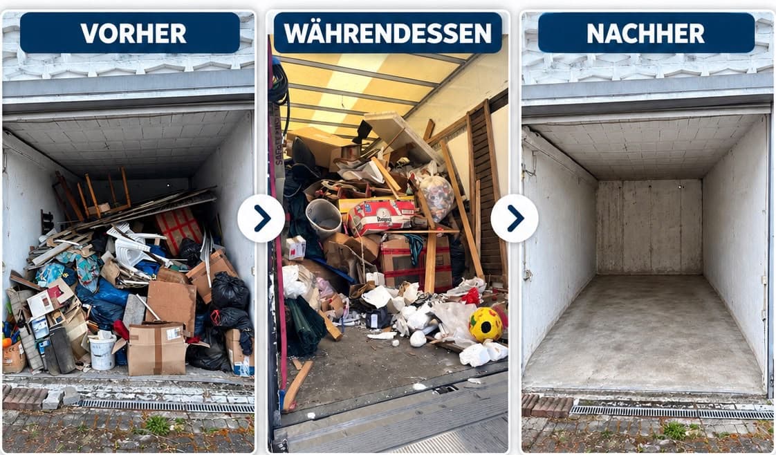 Entrümpelung in Hessen in drei Schritten: volle Garage, beladener Transporter, besenrein übergebener Raum